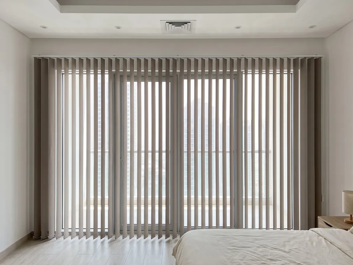 Taupe vertical blind closed across a wide balcony door with its louvres half turned, strips of daylight between them, an ivory bed at lower right