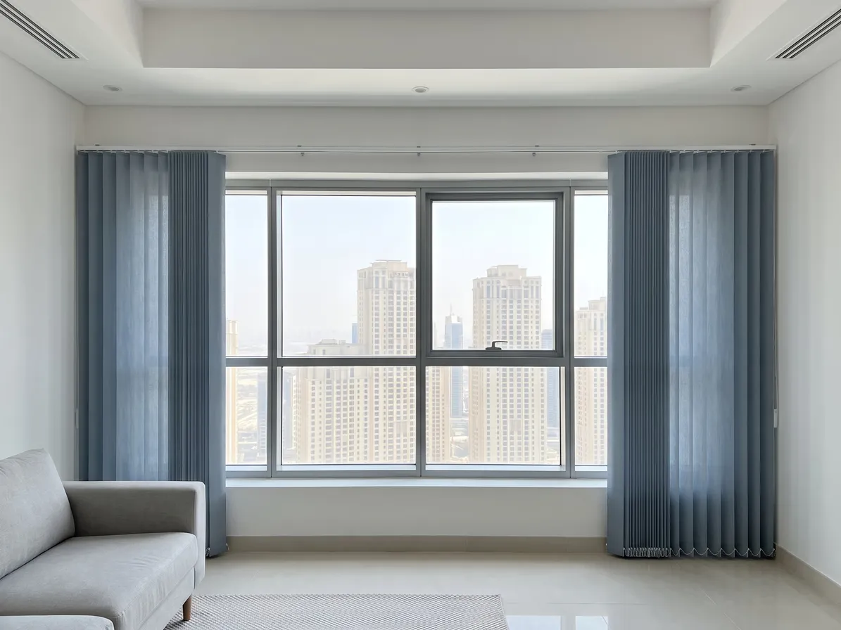 Dusty-blue vertical blind split into a stack at each end of a wide window, the middle clear to show the towers, a grey sofa at the left