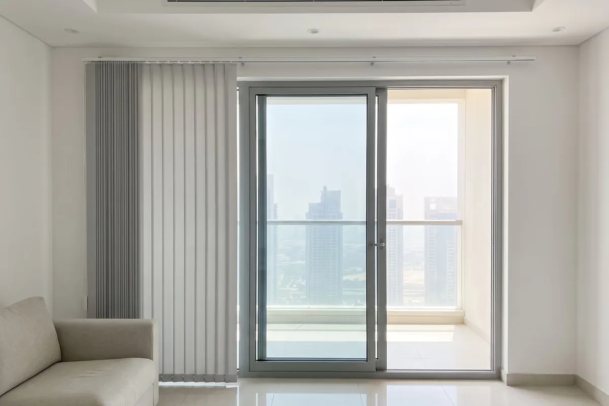 Light grey vertical blind gathered into a wide stack beside a sliding balcony door, a sofa at the left and towers through the glass