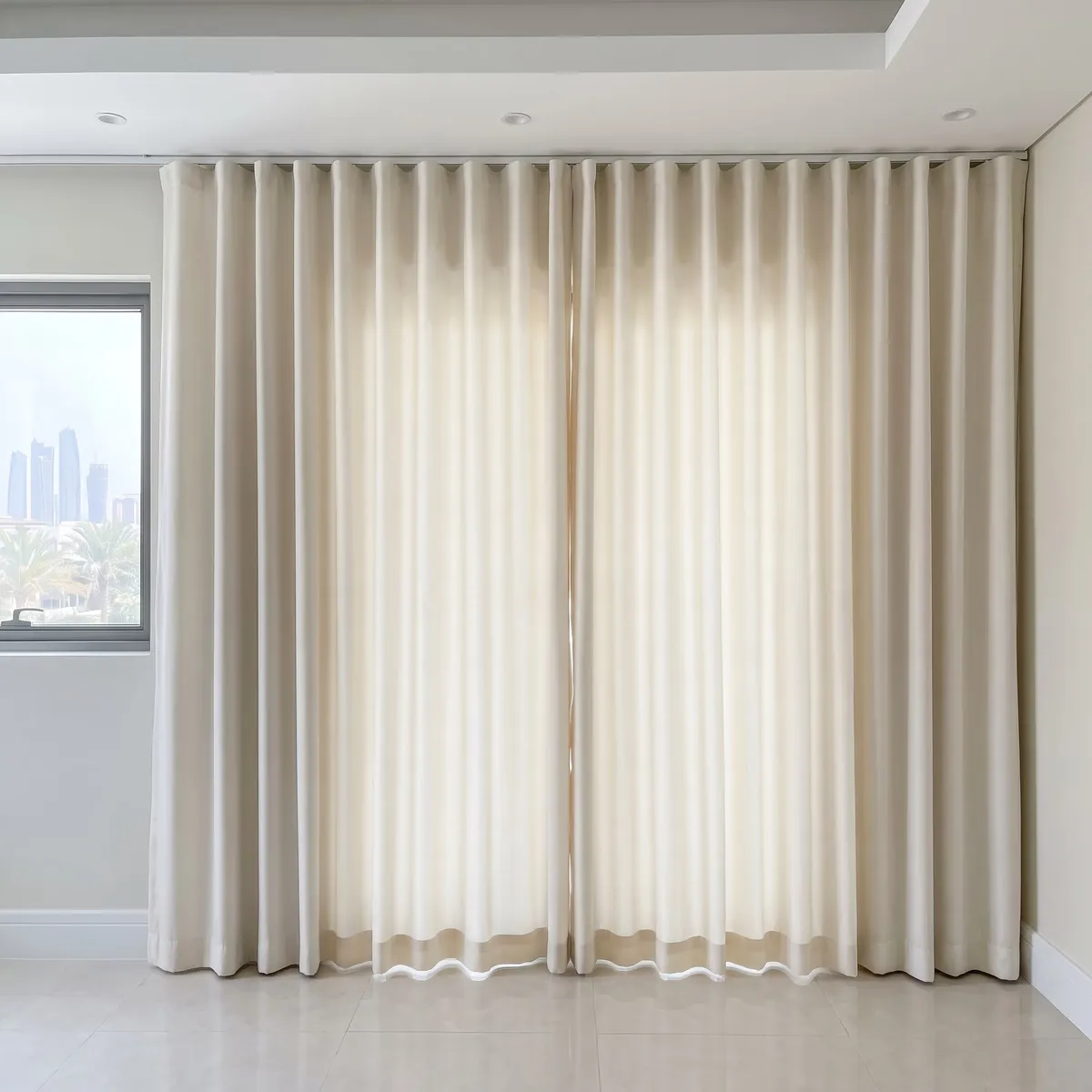 Cream wave curtains closed on a ceiling track, the two halves meeting in the middle, daylight glowing through, a window at left