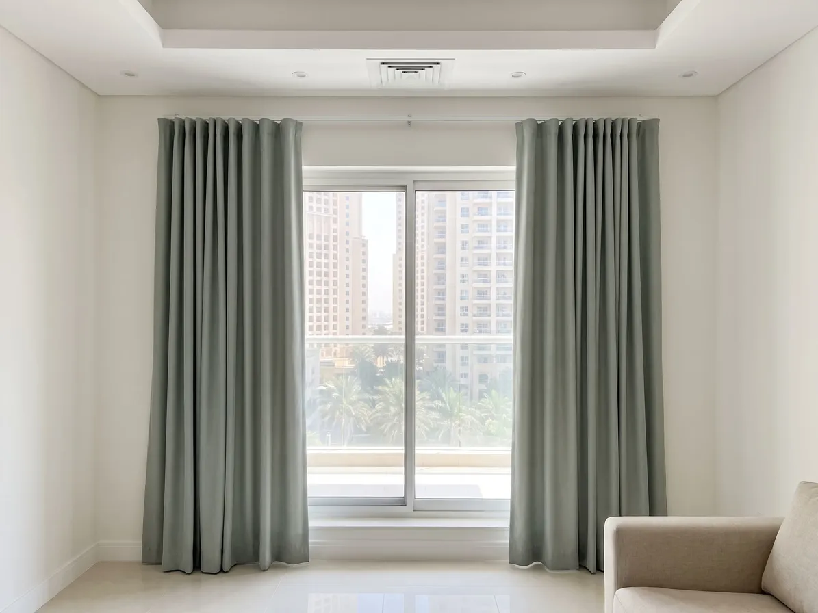 Sage-green wave curtains drawn open on a white wall track above a living-room window, towers and palms outside, a sofa arm at right