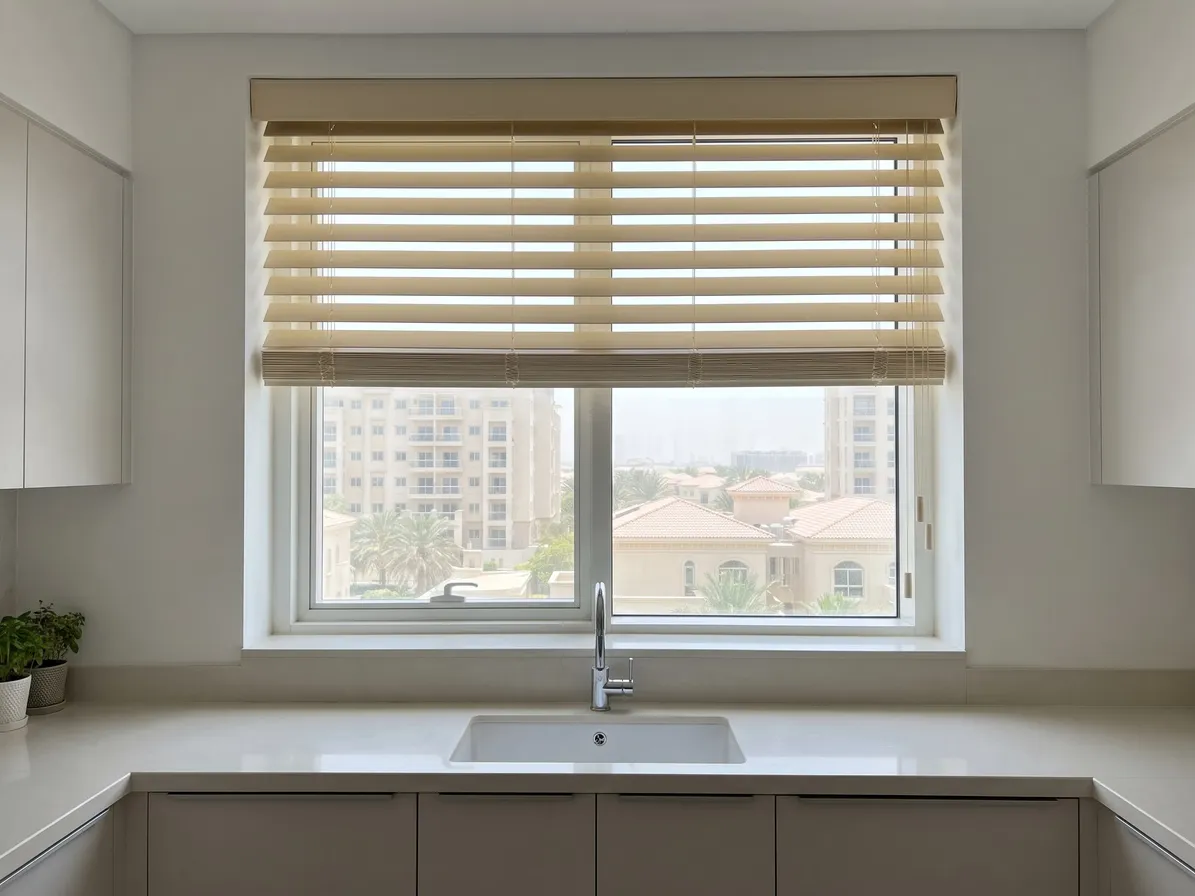 Cream faux-wood blind covering the top half of a kitchen window above the sink, apartment blocks and villas in the clear glass below