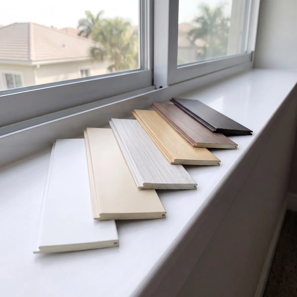 Six faux-wood slat samples on a window sill, white, cream, whitewashed grey, honey pine, walnut and dark wenge, palms and villas beyond