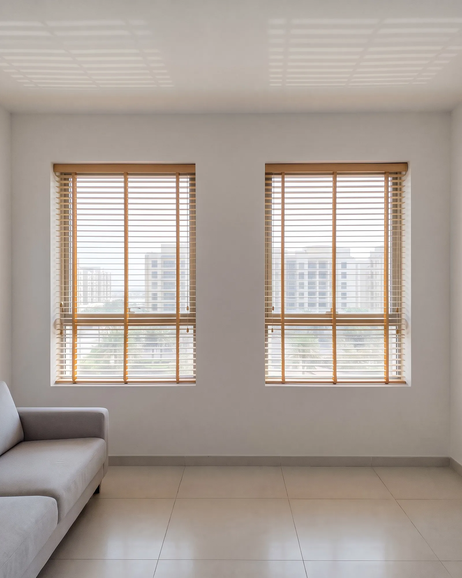 Two honey pine faux-wood blinds with tilted slats on two living-room windows, towers between the slats, a grey sofa at the lower left