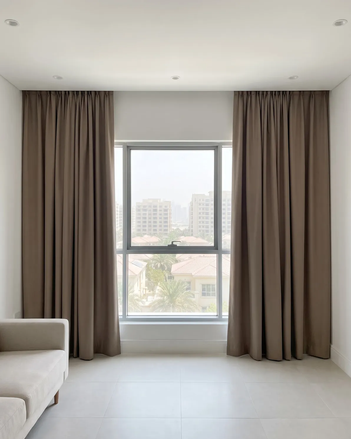 Taupe curtains made to the drop, drawn open at both sides of a window, their hems just above the floor, villas and palms outside