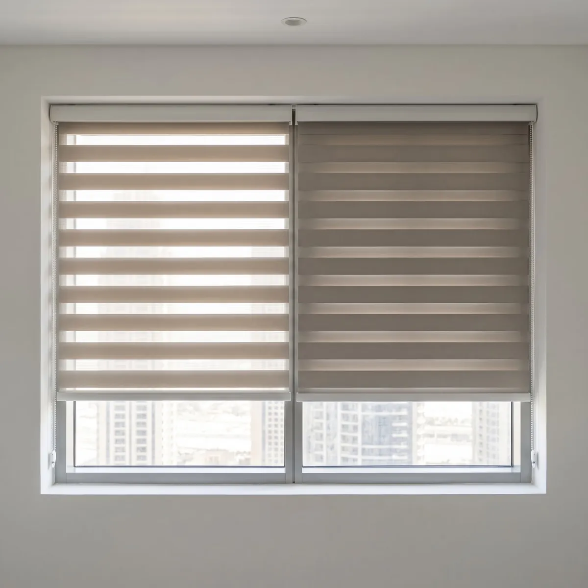 Light-filtering and dim-out zebra blinds side by side on one window, stripes closed, the left one letting more light through
