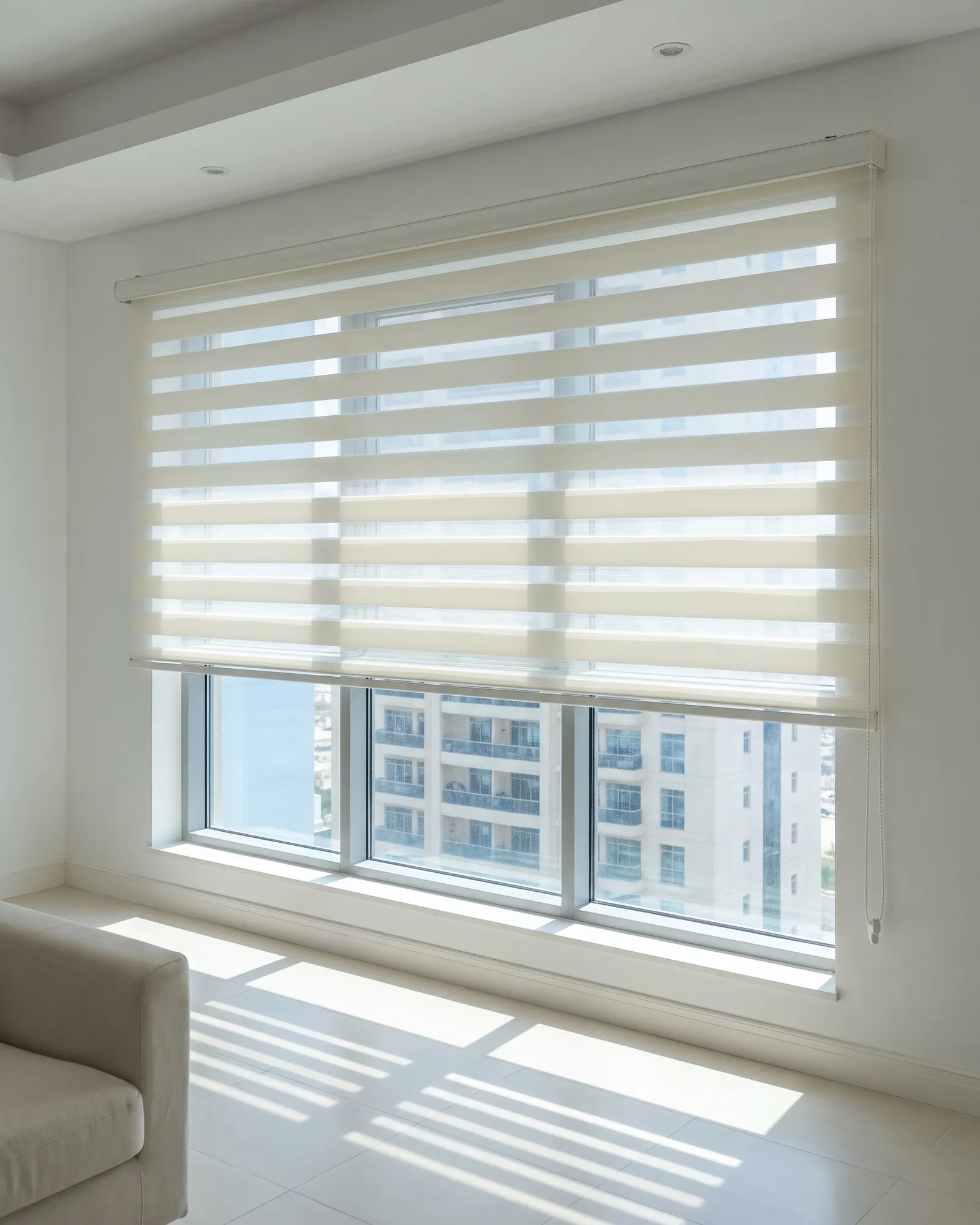 Ivory zebra blind lowered over most of a wide living-room window, stripes open, sunlight striping the floor, towers through the glass